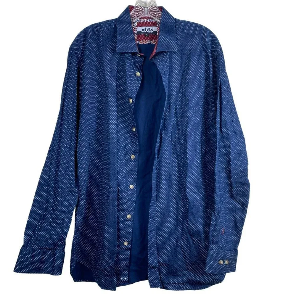 Aldo Men's Blue White Polka Dots Print Cotton Button Down Long Sleeve‎ Shirt XL